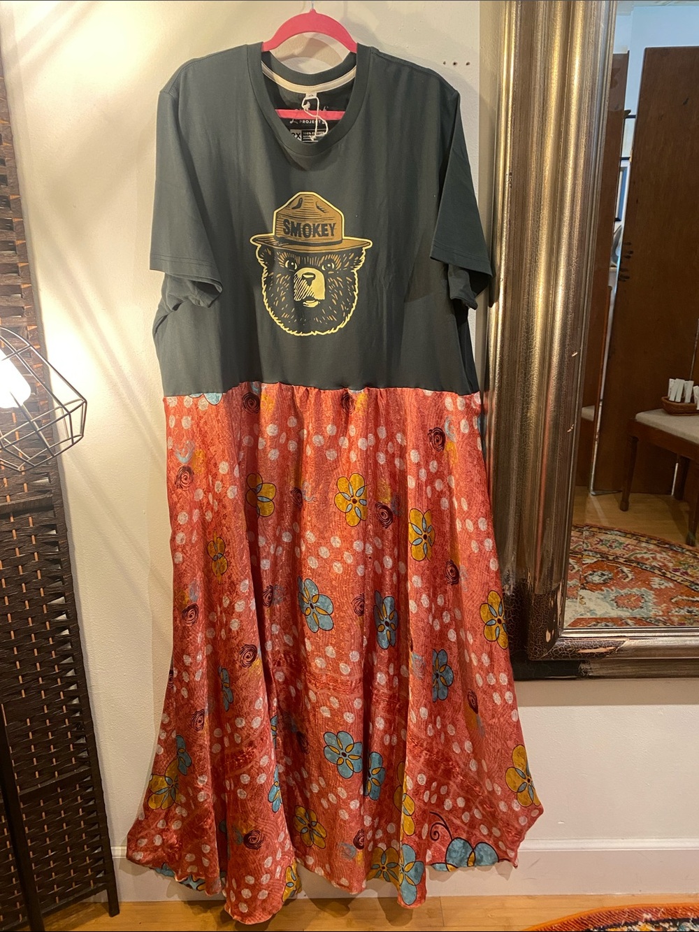OOAK Upcycled Smokey Bear Graphic Tee with silk Floral polka dot Skirt Combo